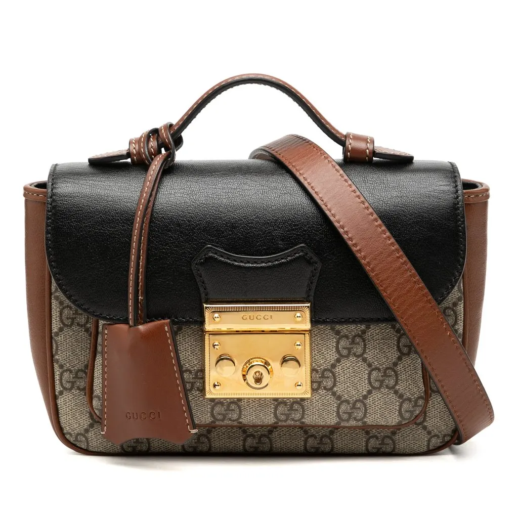 Gucci Mini GG Supreme and Calfskin Padlock Flap Pocket Satchel Beige Canvas Very good - Front View