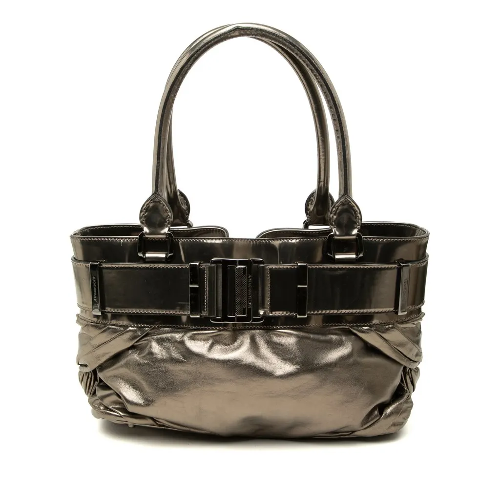 Burberry Small Metallic Pleated Calfskin Healy Tote Brown Leather Very good - Front View