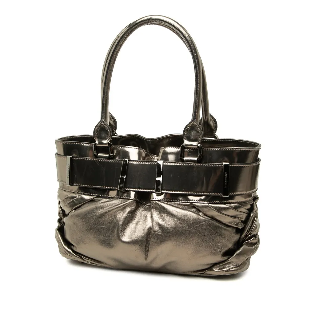 Burberry Small Metallic Pleated Calfskin Healy Tote Brown Leather Very good - Back View