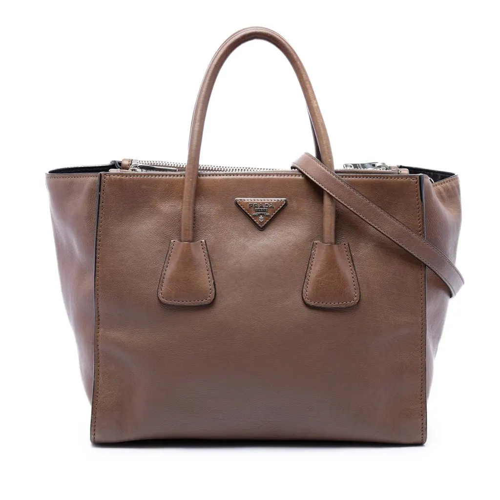 Prada Glace Calf Twin Pocket Double Handle Satchel Brown Leather Good - Front View