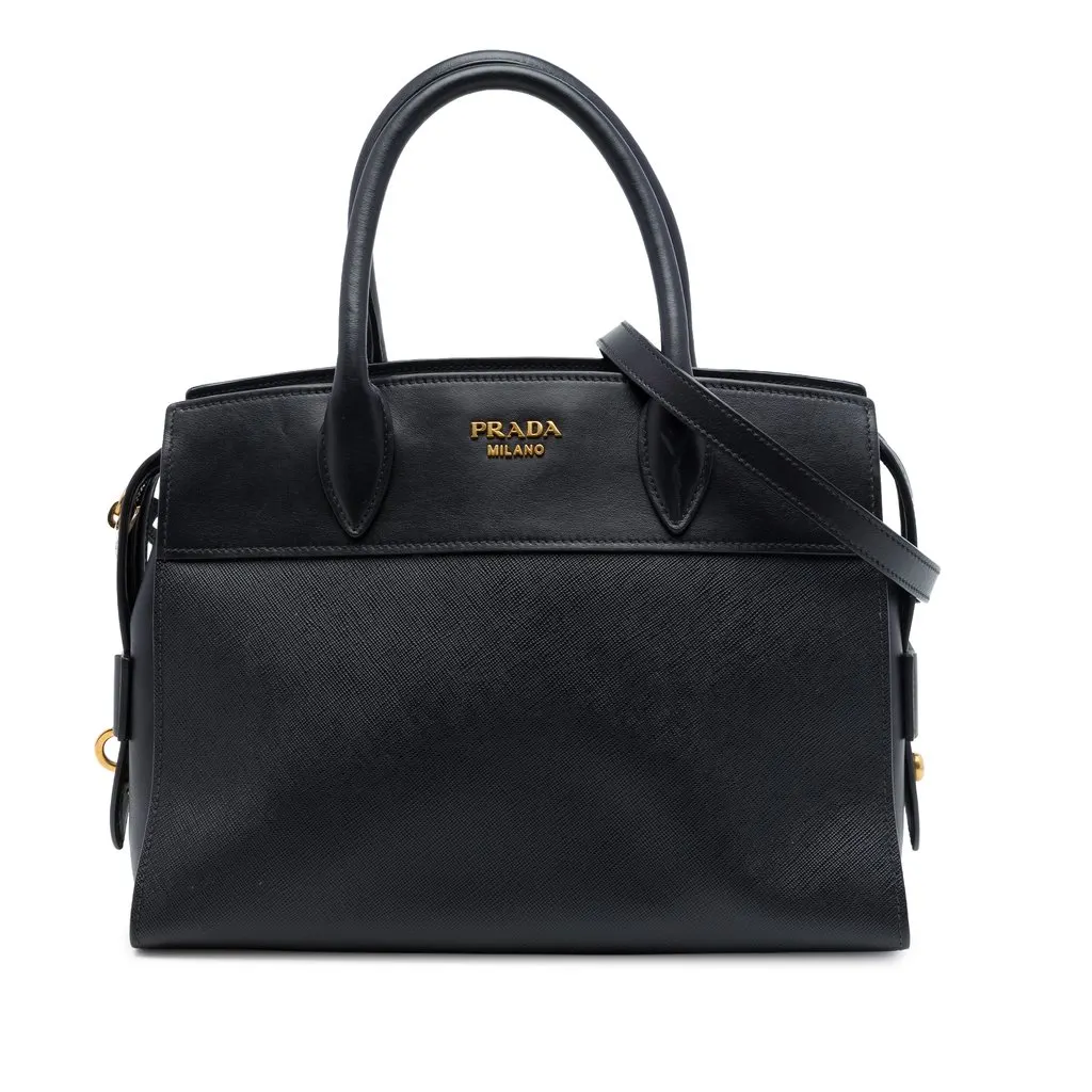 Prada Saffiano and City Calf Esplanade Satchel Black Leather Very good - Front View