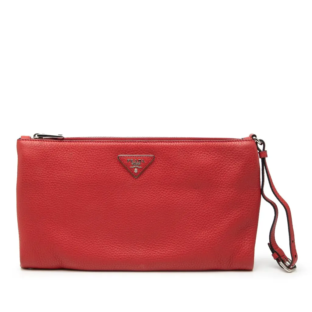 Prada Vitello Daino Clutch Red Leather Very good - Front View