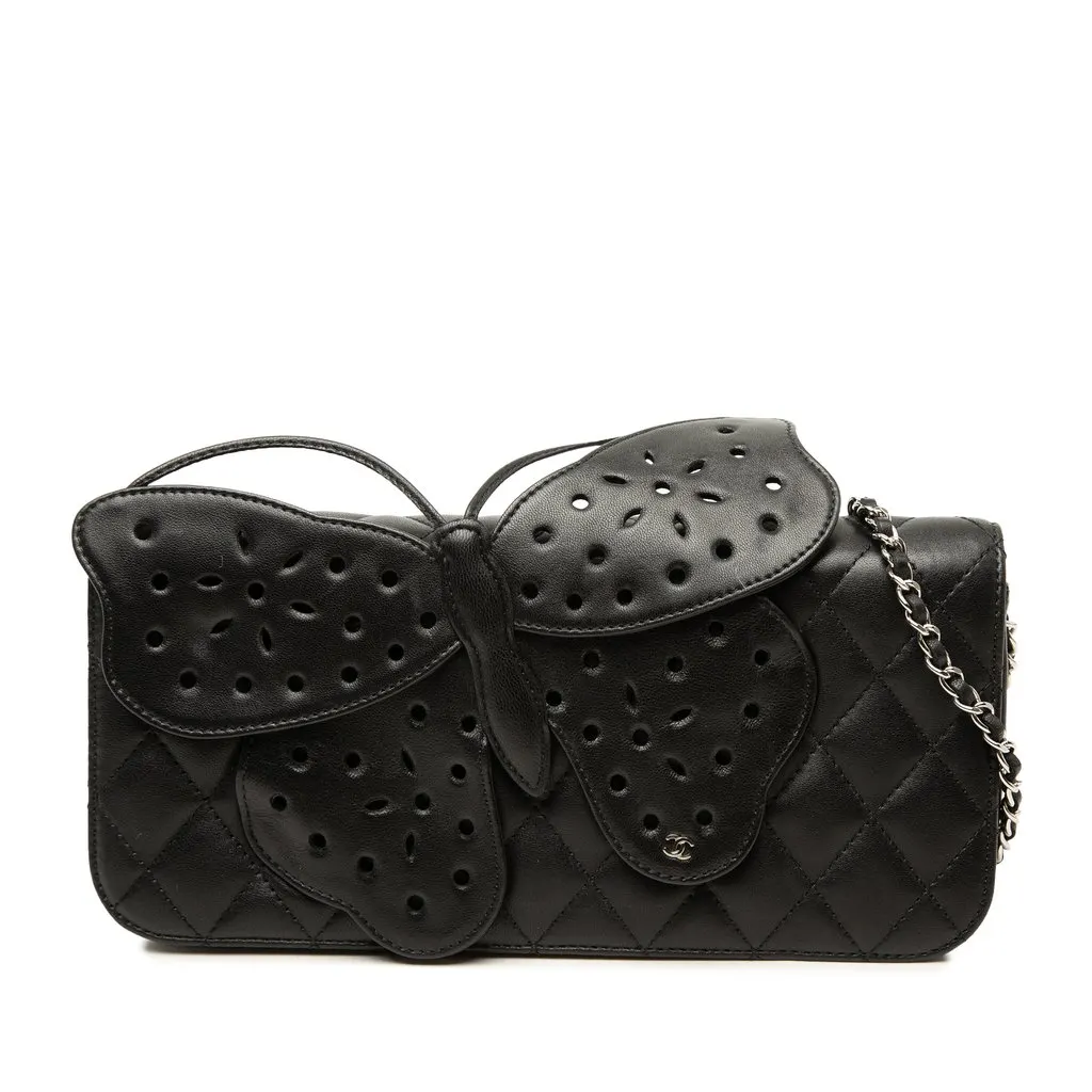 Chanel Quilted Lambskin Butterfly Clutch With Chain Black Leather Very good - Front View