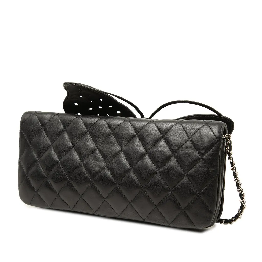 Chanel Quilted Lambskin Butterfly Clutch With Chain Black Leather Very good - Back View