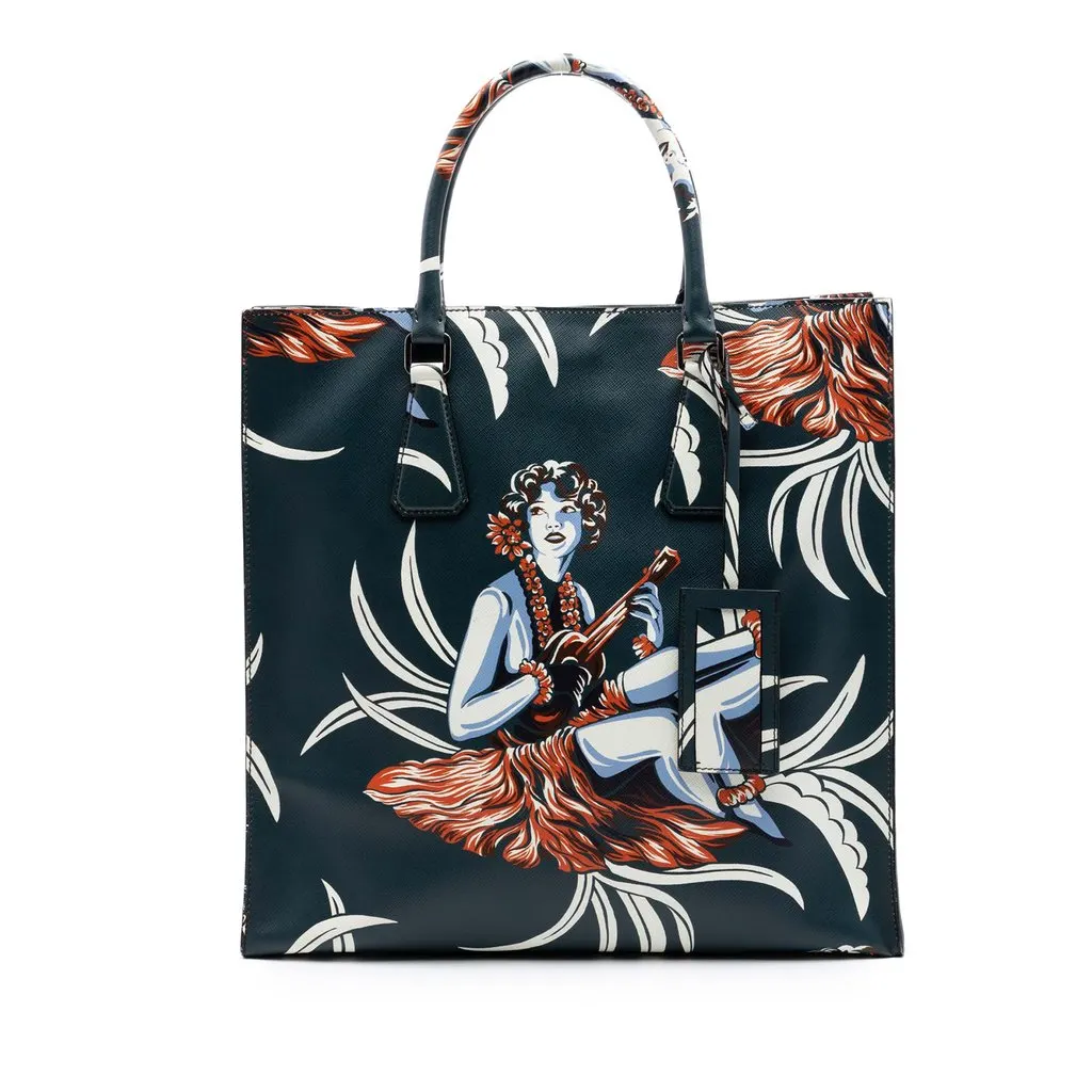 Prada Saffiano Hawaiian Print Tote Green Leather Very good - Front View