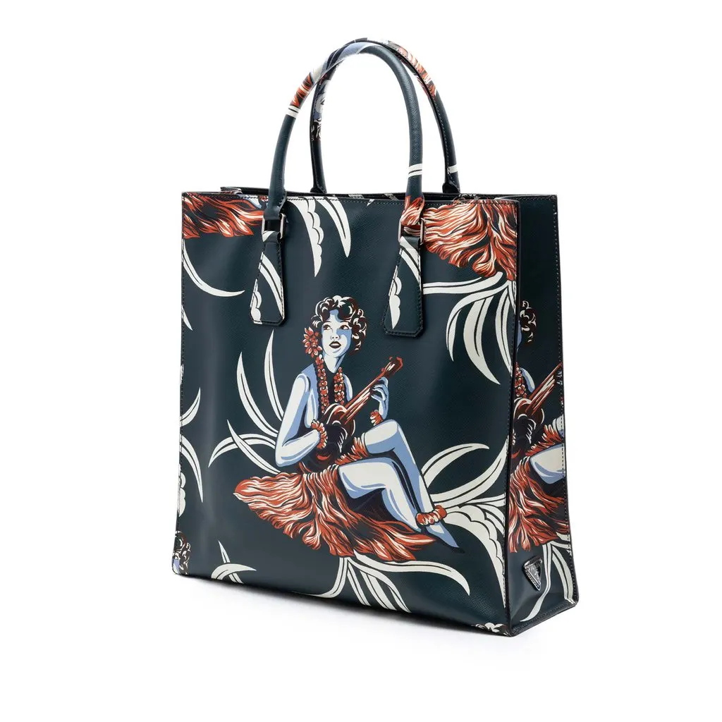 Prada Saffiano Hawaiian Print Tote Green Leather Very good - Back View