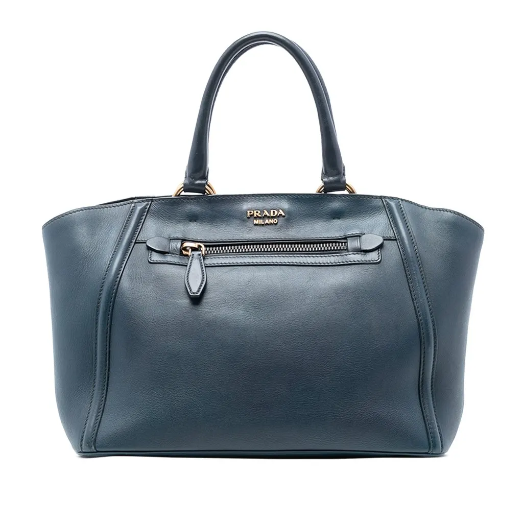 Prada Large Visone City Calf Double Handle Shopping Tote Blue Leather Very good - Front View