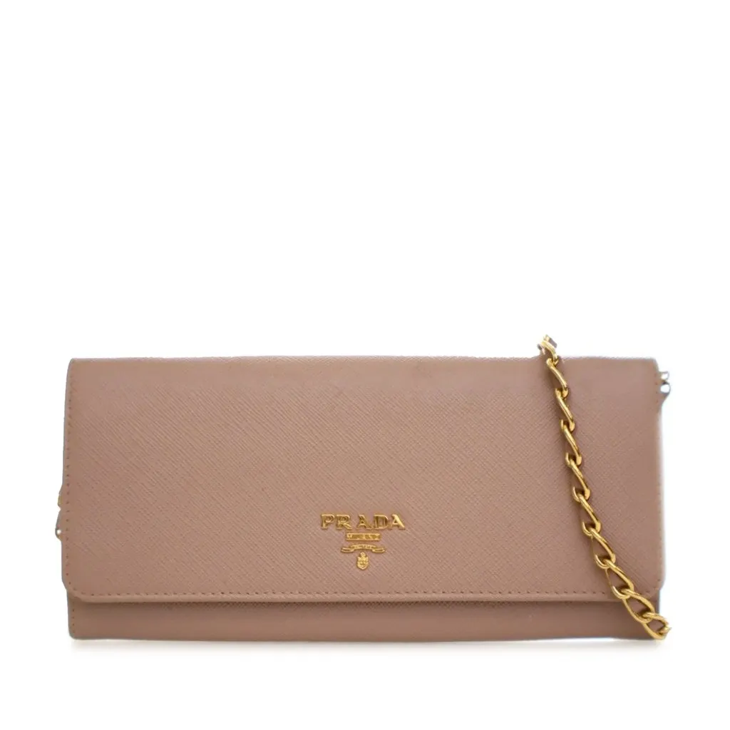 Prada Saffiano Wallet on Chain Brown Leather Very good - Front View