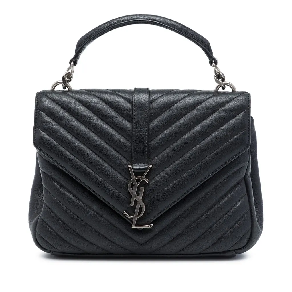 Saint Laurent Medium Chevron Sheepskin Monogram College Satchel Black Leather Very good - Front View