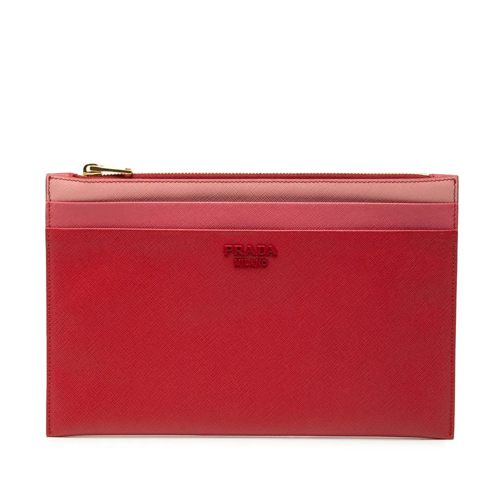 Prada Tricolor Saffiano Zippered Portfolio Clutch Red Leather Very good - Front View