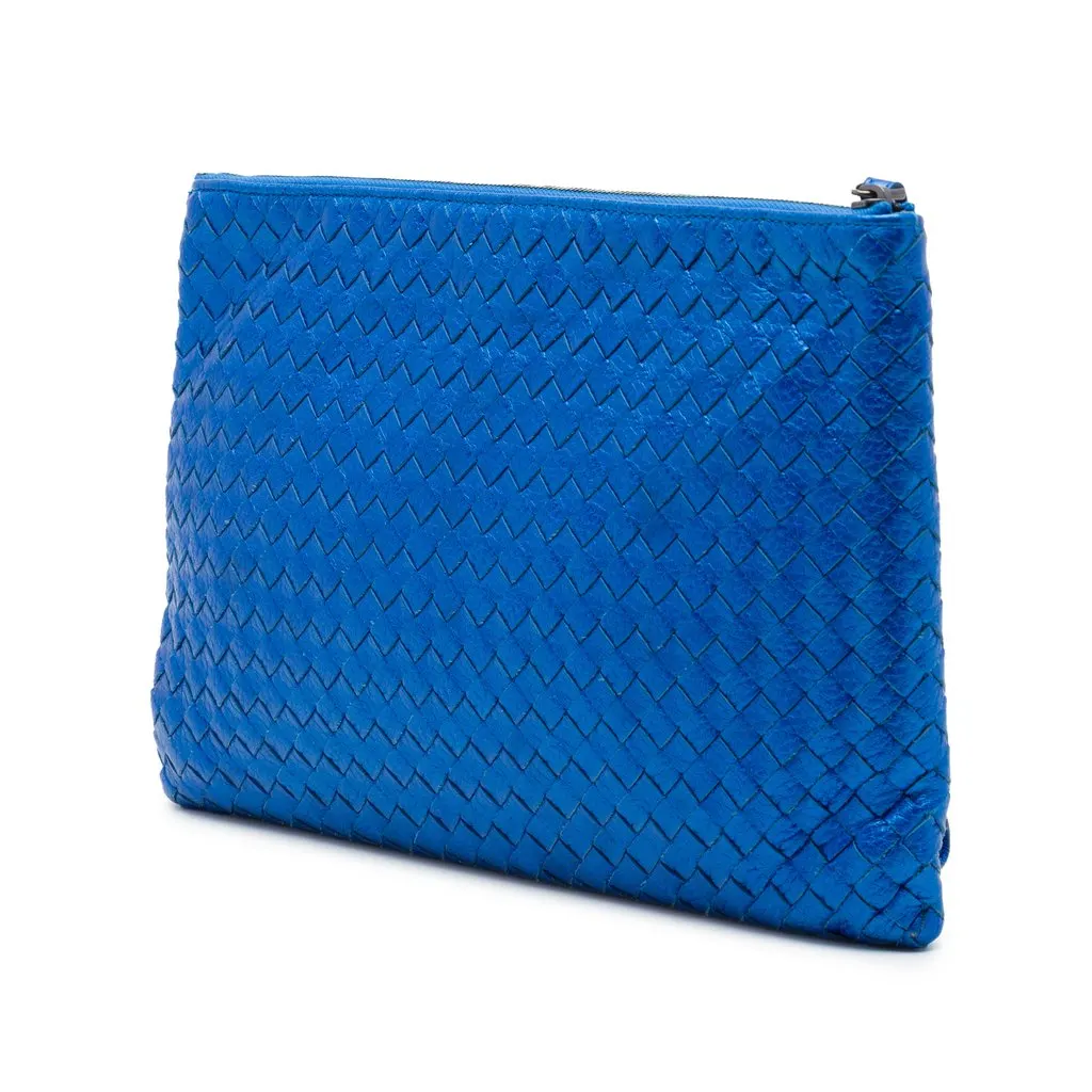 Bottega Veneta Metallic Leather Intrecciato Wristlet Clutch Blue Leather Good - Back View