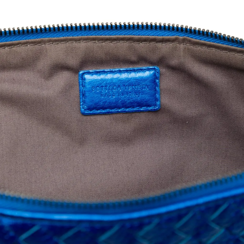 Bottega Veneta Metallic Leather Intrecciato Wristlet Clutch Blue Leather Good - Box View
