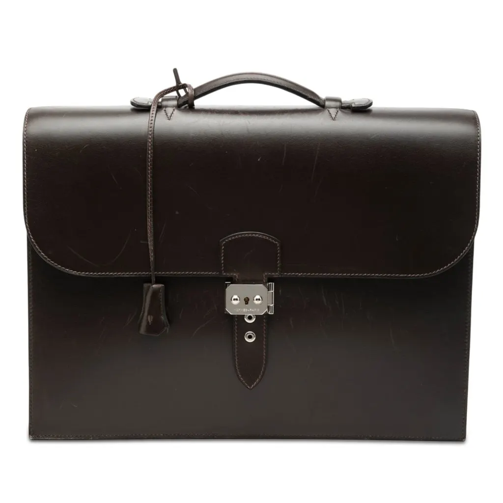 Hermès Box Calf Sac A Depeches 38 Brown Leather Good - Front View