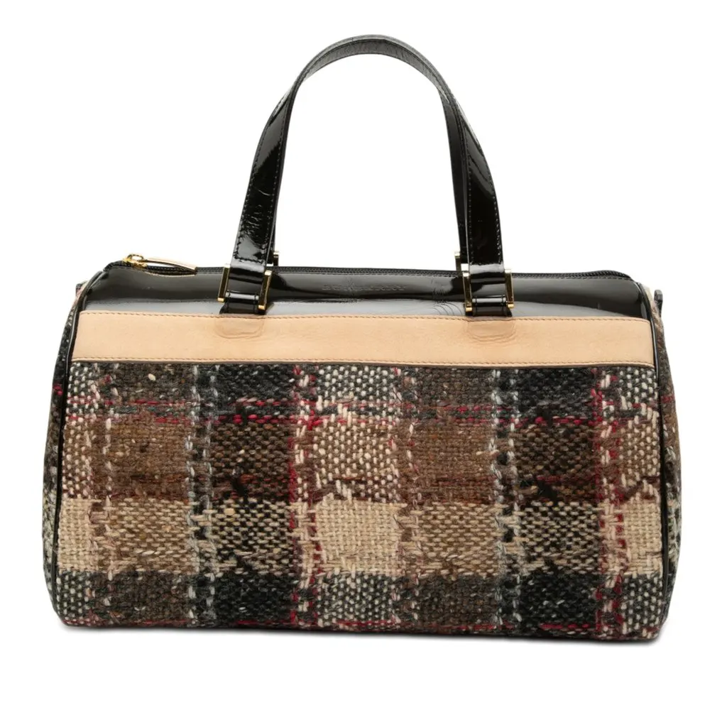 Burberry Plaid Wool Boston Bag Brown Very good - Front View