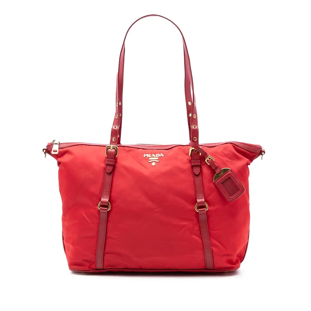 Prada Saffiano Trimmed Tessuto Zip Top Convertible Tote Red Very good - Front View