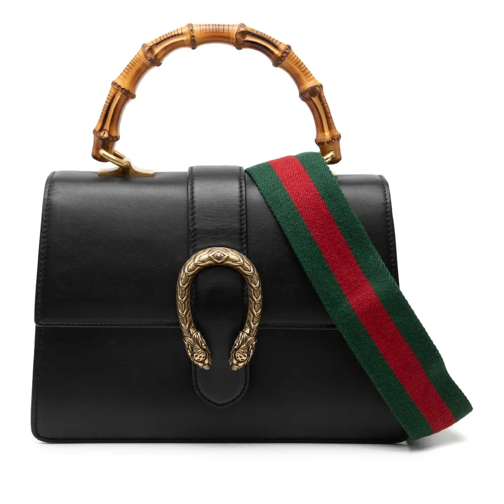 Gucci Medium Calfskin Bamboo Dionysus Web Satchel Black Leather Very good - Front View