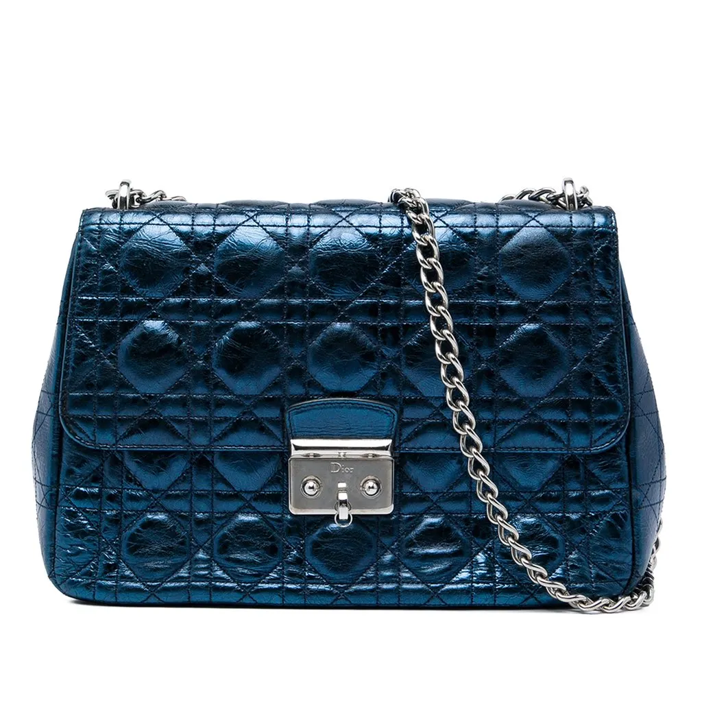 Dior Large Metallic Aged Calfskin Cannage Miss Dior Flap Blue Leather Very good - Front View
