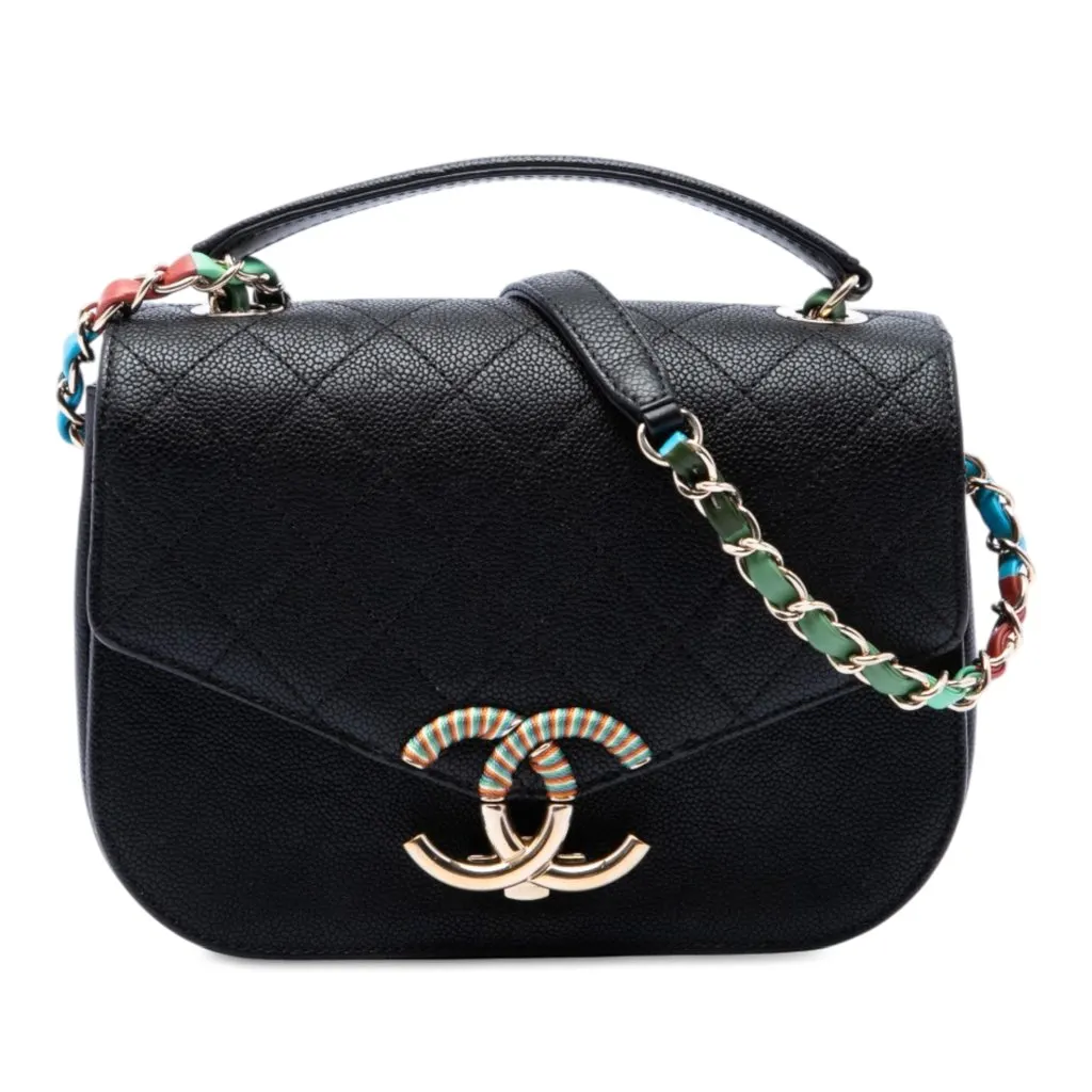 Chanel Paris Cuba Small Quilted Caviar Thread Around Flap Black Leather Very good - Front View