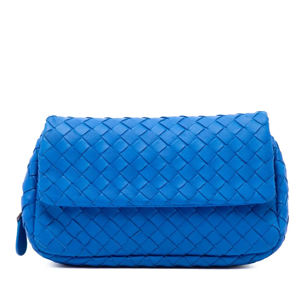 Bottega Veneta Mini Nappa Intrecciato Expandable Chain Flap Crossbody Blue Leather Good - Front View