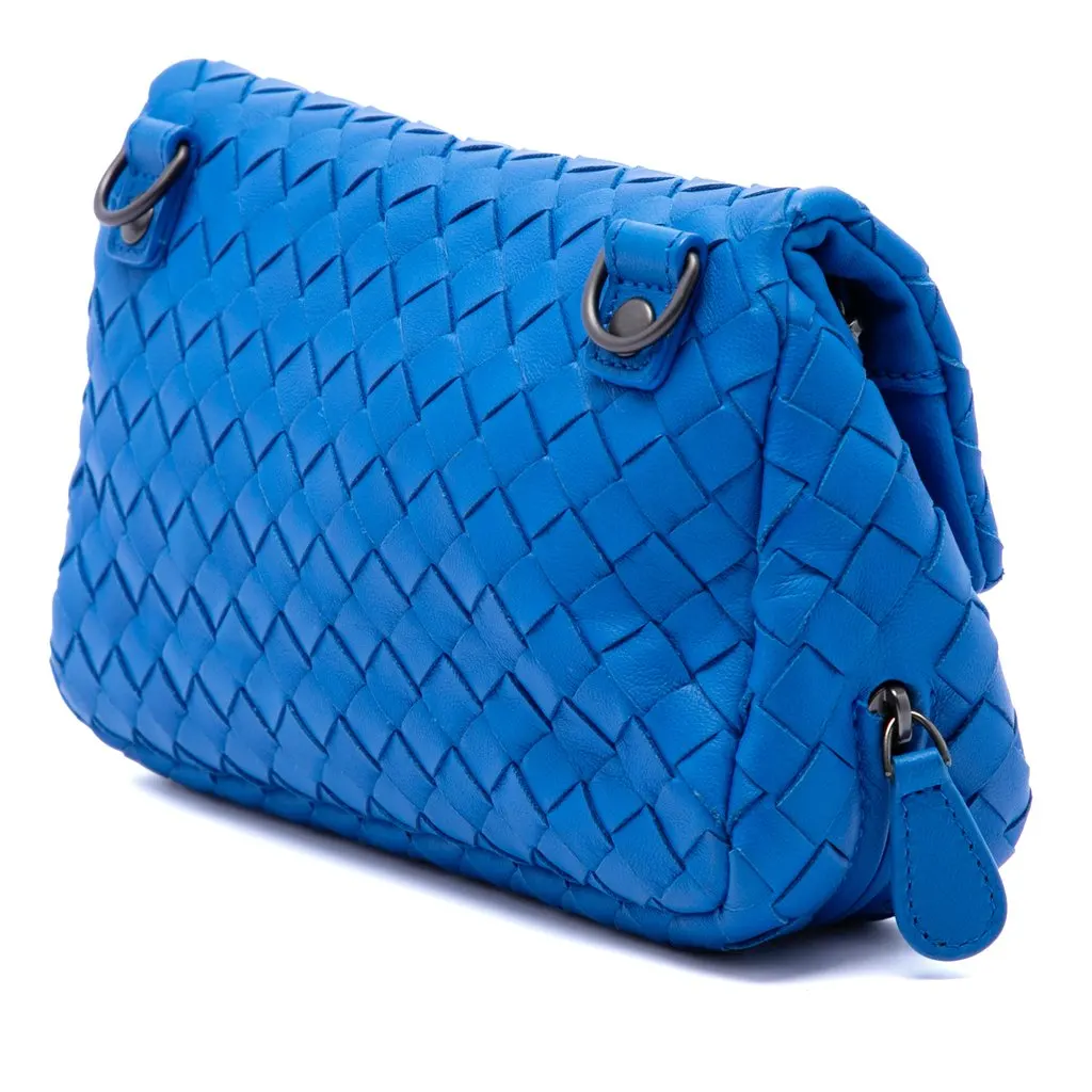 Bottega Veneta Mini Nappa Intrecciato Expandable Chain Flap Crossbody Blue Leather Good - Back View