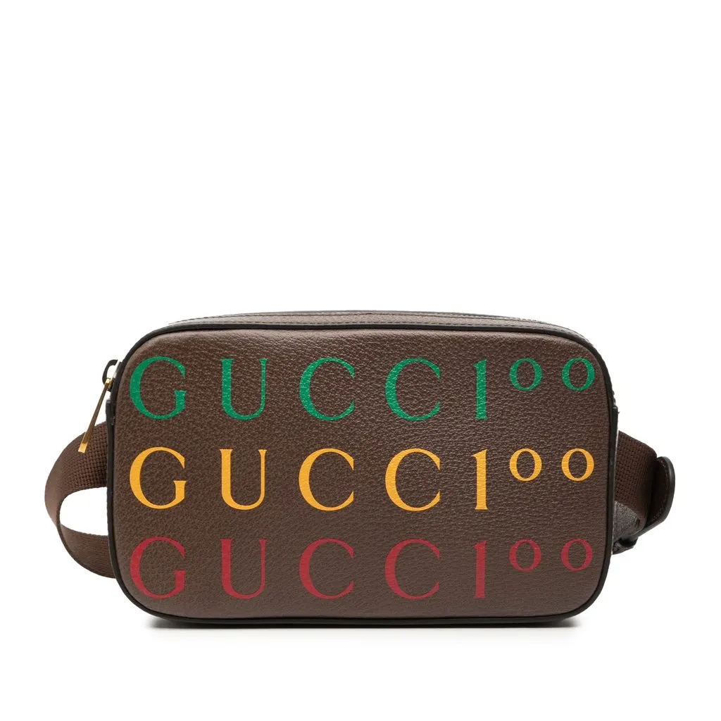 Gucci 100th Anniversary Textured Dollar Calfskin Logo Belt Bag Brown Leather Very good - Front View
