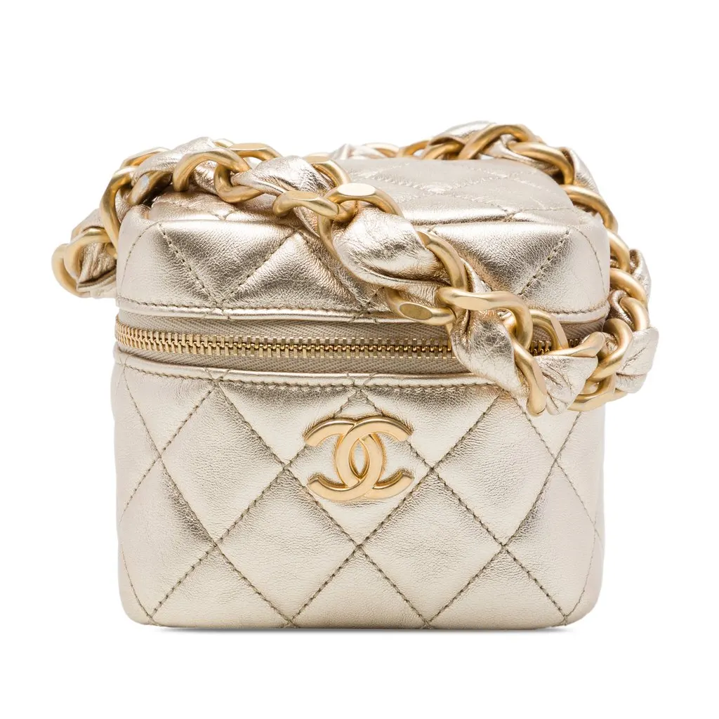 Chanel CC Quilted Metallic Lambskin Cube Zip Clutch with Chain Gold Leather Very good - Front View