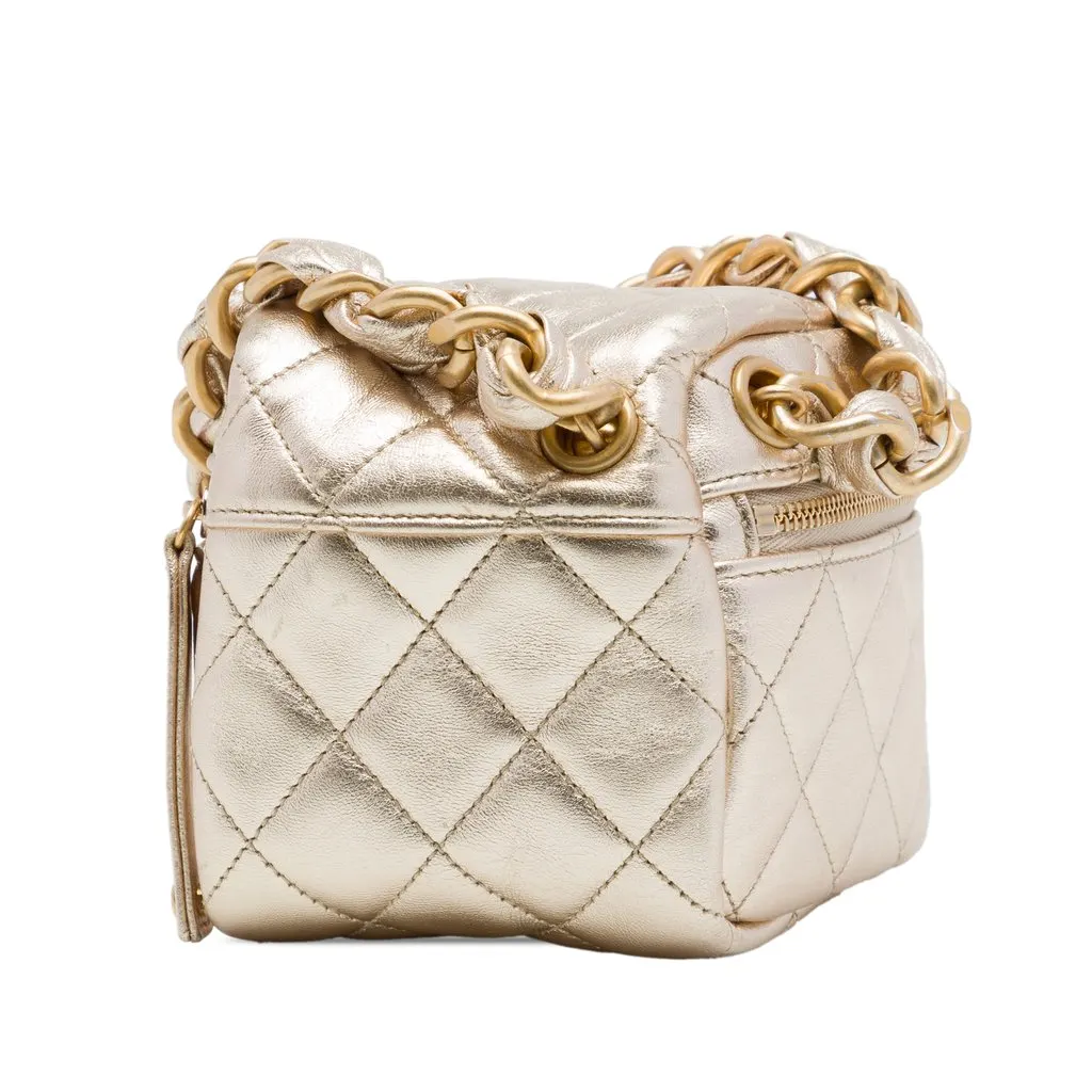 Chanel CC Quilted Metallic Lambskin Cube Zip Clutch with Chain Gold Leather Very good - Back View
