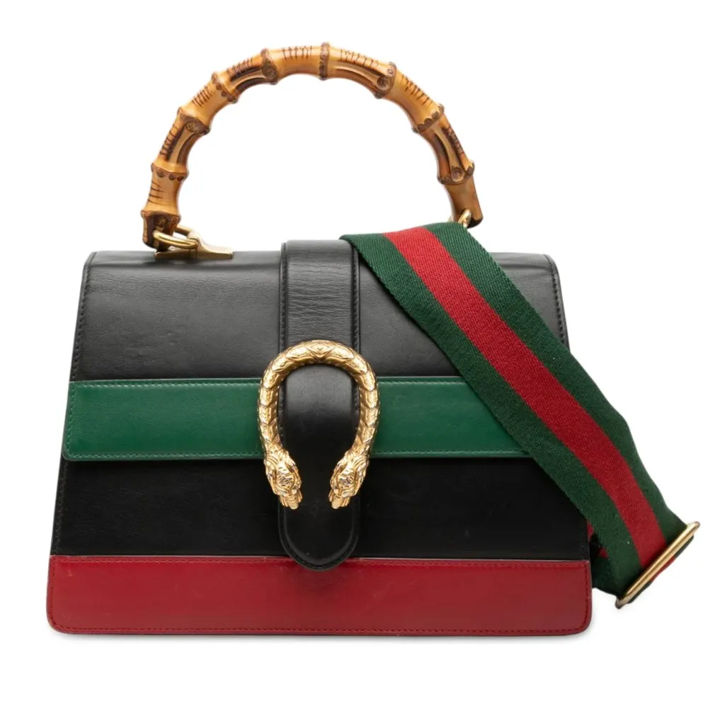 Gucci Medium Calfskin Bamboo Dionysus Web Satchel Black Leather Good - Front View