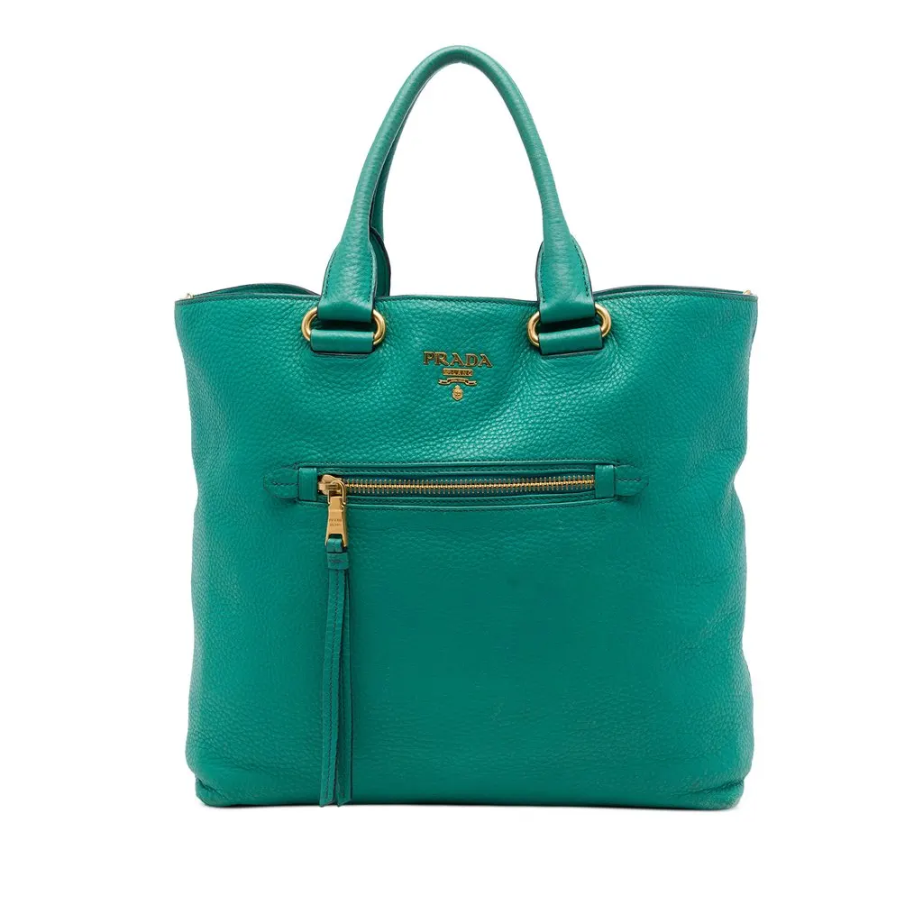 Prada Vitello Daino Front Zip Open Convertible Tote Blue Leather Very good - Front View