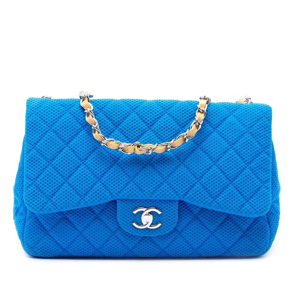 Chanel Jumbo Classic Perforated Jersey Single Flap Blue Very good - Front View