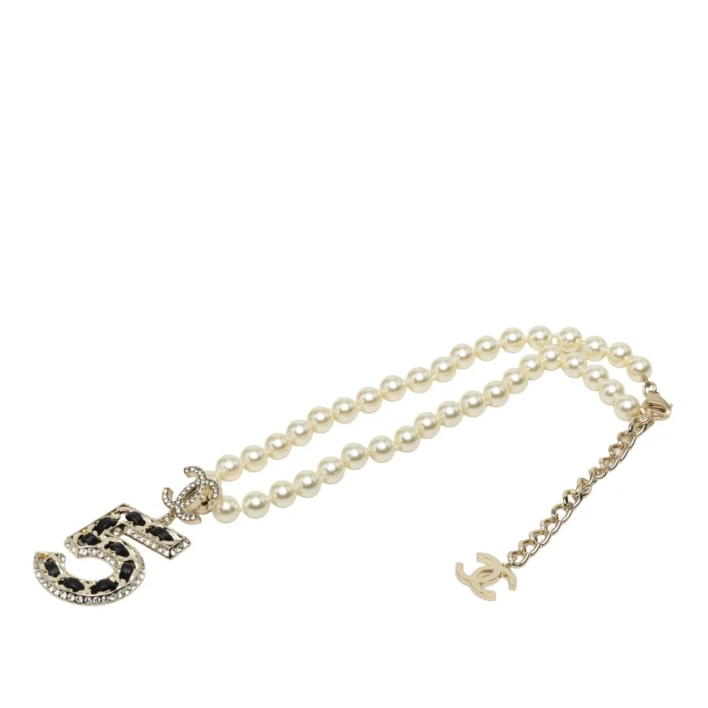 Chanel CC Brass No 5 Strass and Faux Pearl Pendant Necklace Gold Metal Very good - Front View