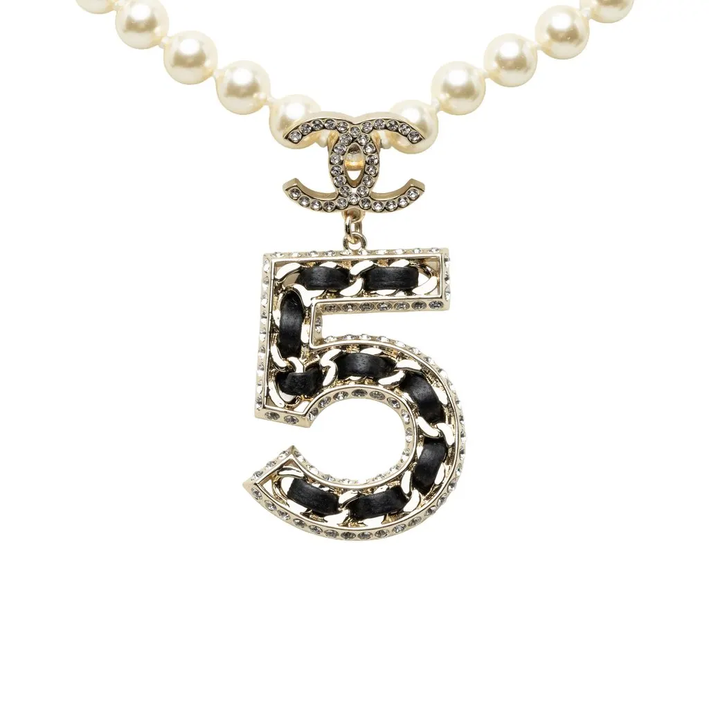 Chanel CC Brass No 5 Strass and Faux Pearl Pendant Necklace Gold Metal Very good - Back View