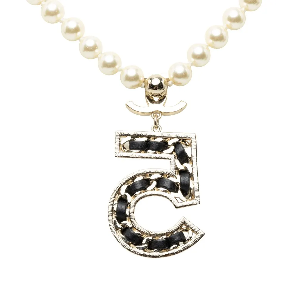 Chanel CC Brass No 5 Strass and Faux Pearl Pendant Necklace Gold Metal Very good - Inside View