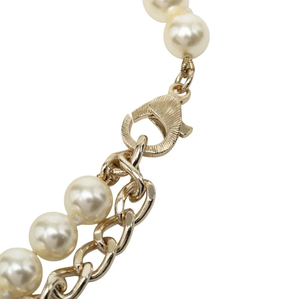 Chanel CC Brass No 5 Strass and Faux Pearl Pendant Necklace Gold Metal Very good - Box View