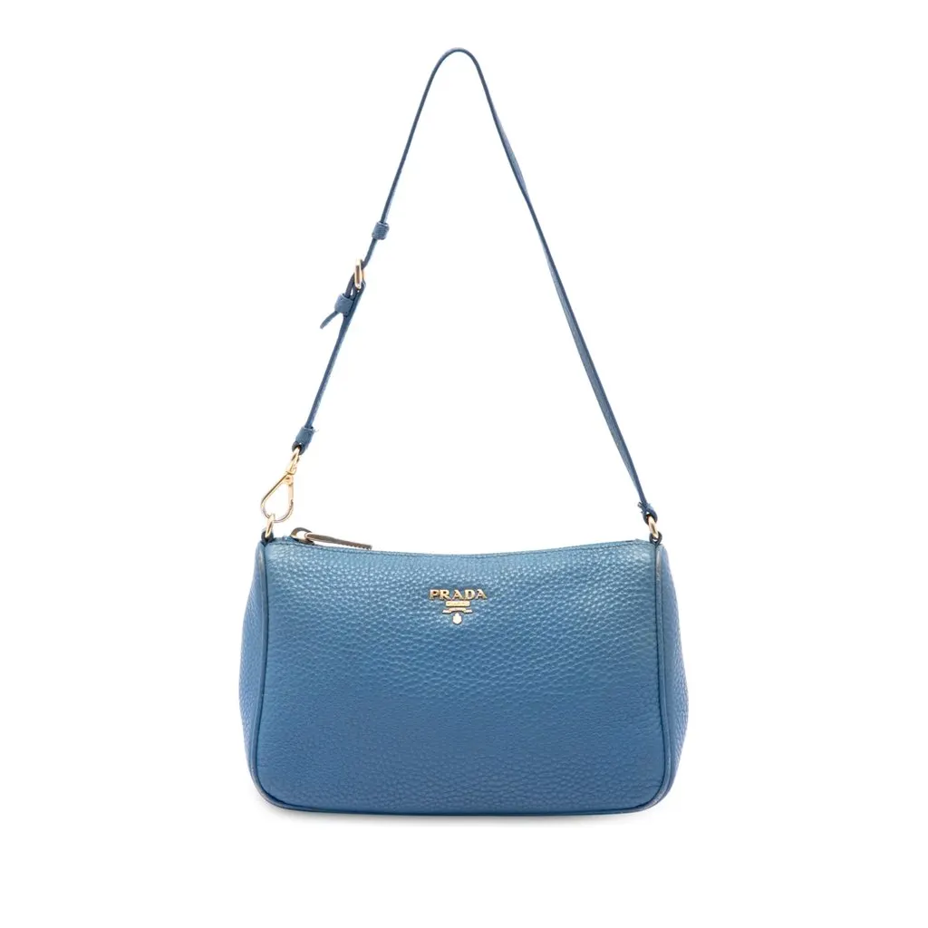 Prada Vitello Daino Pochette Blue Leather Good - Front View
