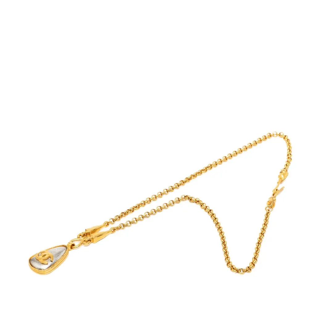 Chanel CC Gold Plated Teardrop Pendant Necklace Gold Metal Very good - Front View