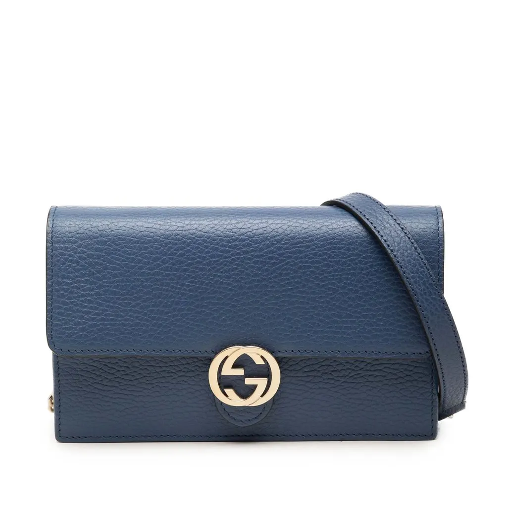 Gucci Dollar Calfskin Interlocking G Wallet on Chain Blue Leather Good - Front View
