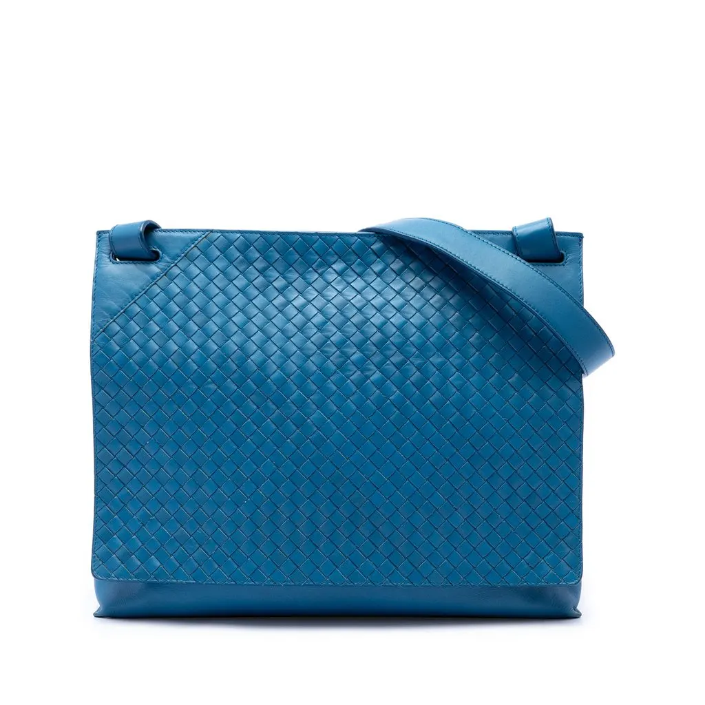 Bottega Veneta Nappa Intrecciato Flap Crossbody Blue Leather Good - Front View