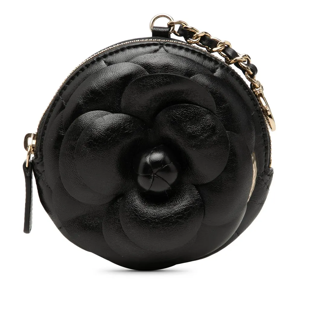 Chanel CC Lambskin Camellia Bouquet Round Coin Pouch Black Leather Very good - Front View
