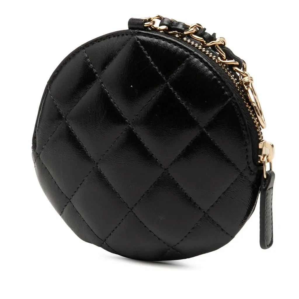 Chanel CC Lambskin Camellia Bouquet Round Coin Pouch Black Leather Very good - Back View