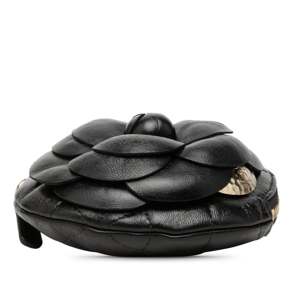 Chanel CC Lambskin Camellia Bouquet Round Coin Pouch Black Leather Very good - Inside View