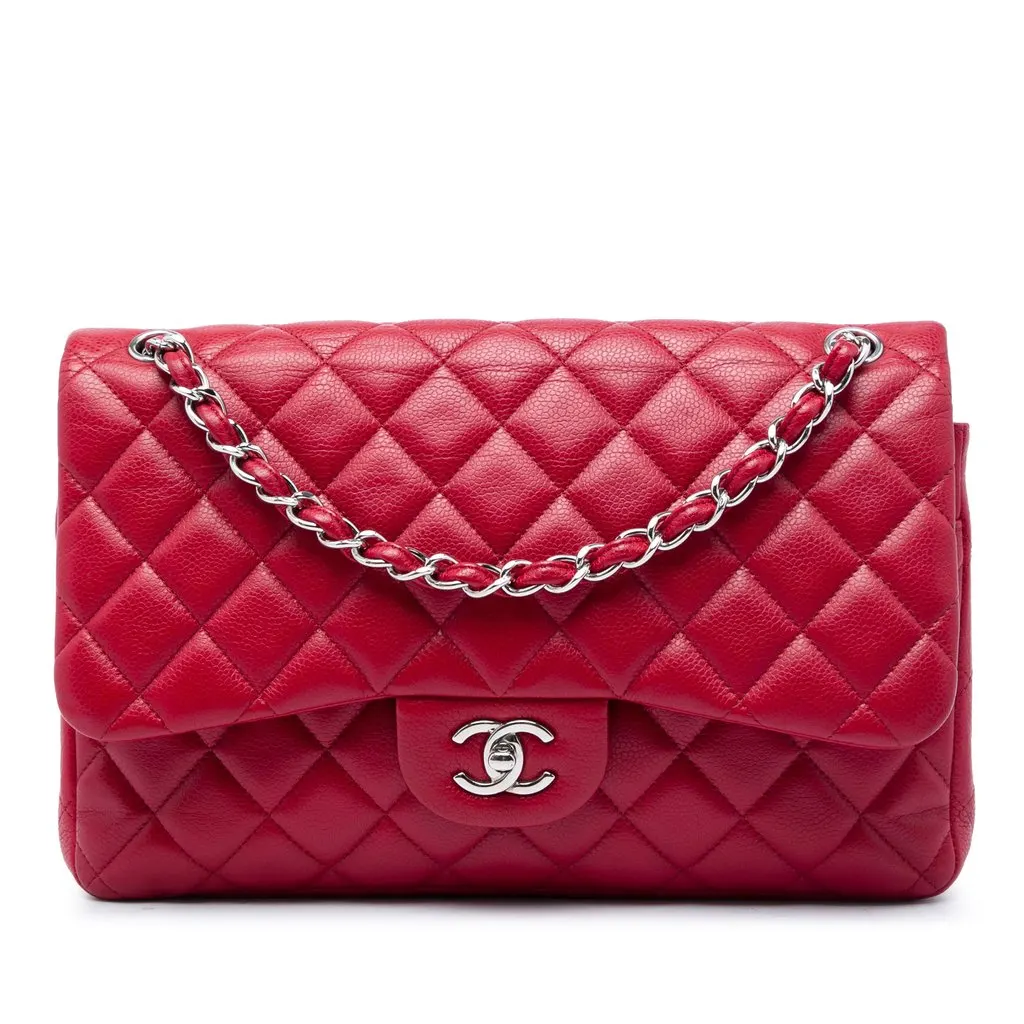 Chanel Jumbo Classic Caviar Double Flap Red Leather Good - Front View