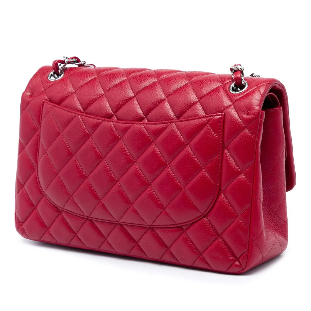 Chanel Jumbo Classic Caviar Double Flap Red Leather Good - Back View