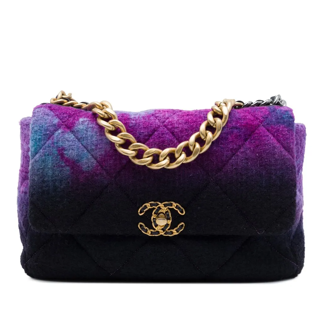 Chanel Large Tweed Ombre 19 Flap Purple Tweed Very good - Front View