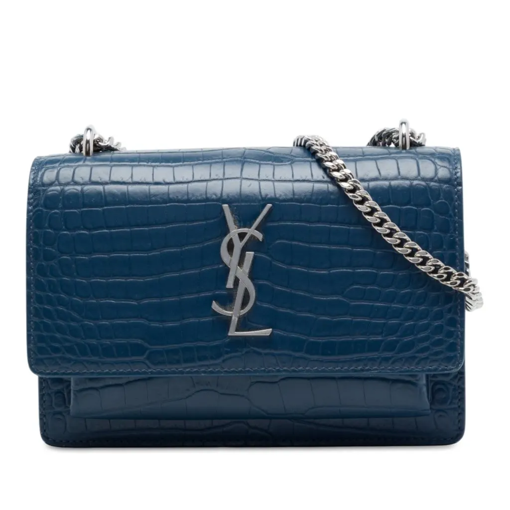 Saint Laurent Mini Croc Embossed Leather Monogram Sunset Wallet on Chain Blue Leather Good - Front View