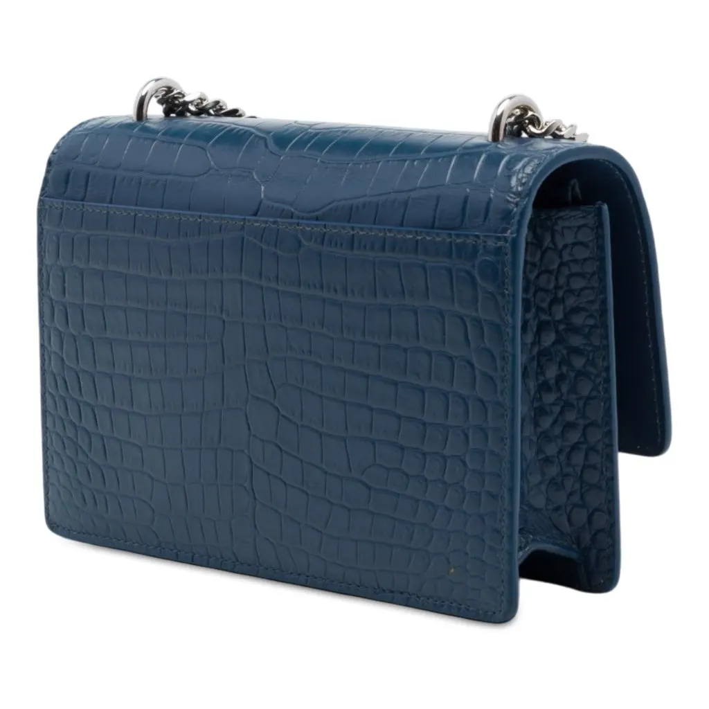 Saint Laurent Mini Croc Embossed Leather  Monogram Sunset Wallet on Chain Blue Leather Good - Back View