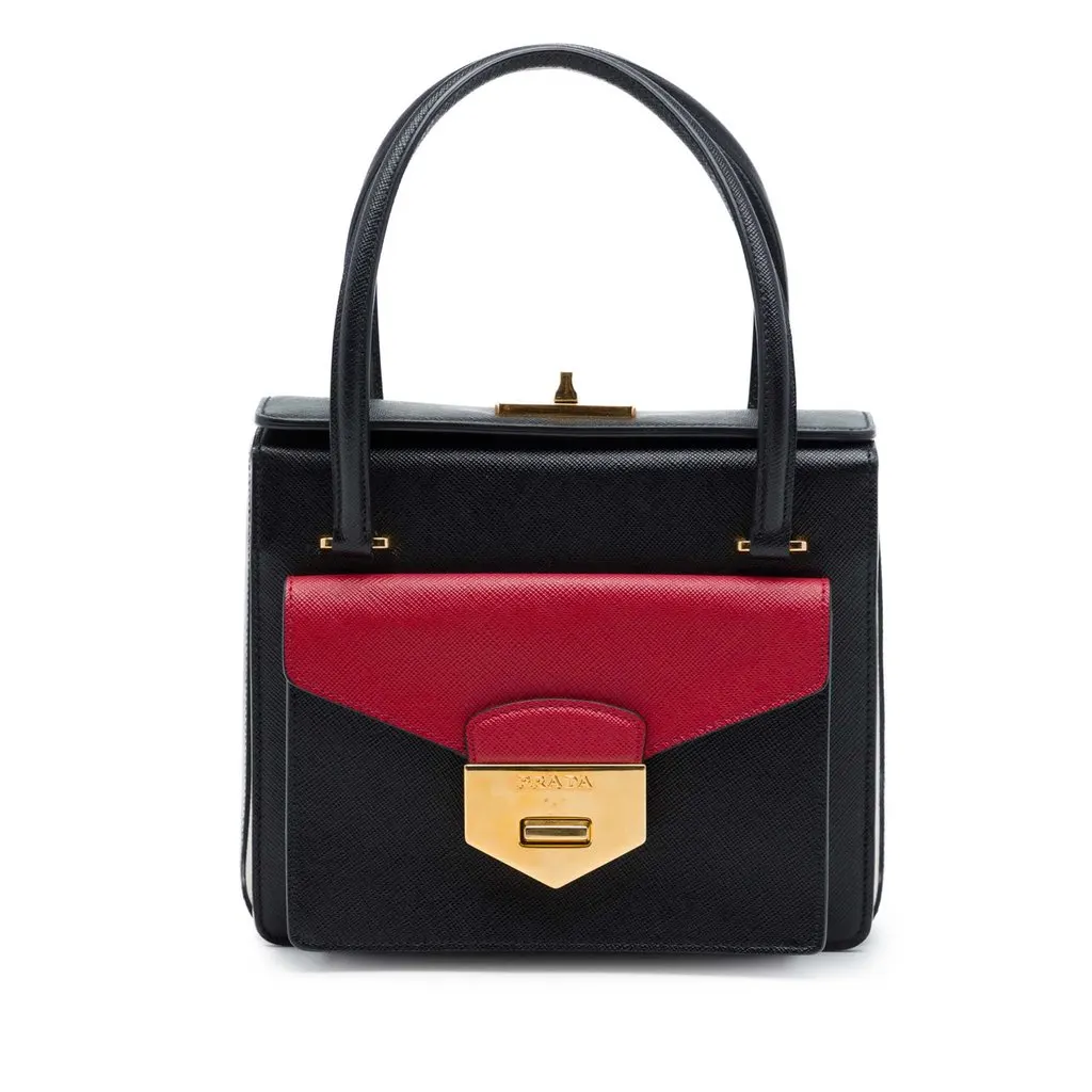 Prada Bicolor Saffiano Double Turn Lock Top Handle Bag Black Leather Very good - Front View
