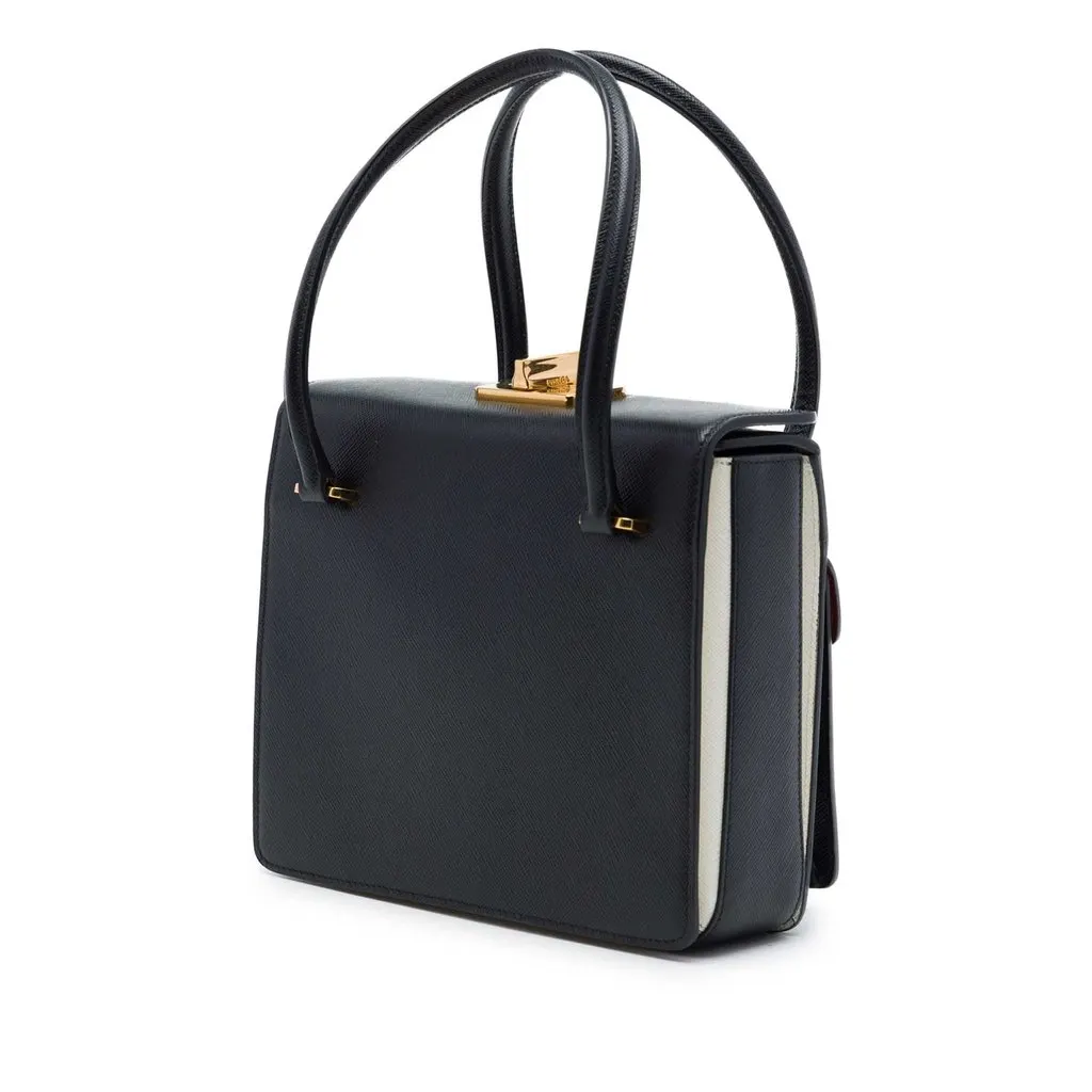 Prada Bicolor Saffiano Double Turn Lock Top Handle Bag Black Leather Very good - Back View
