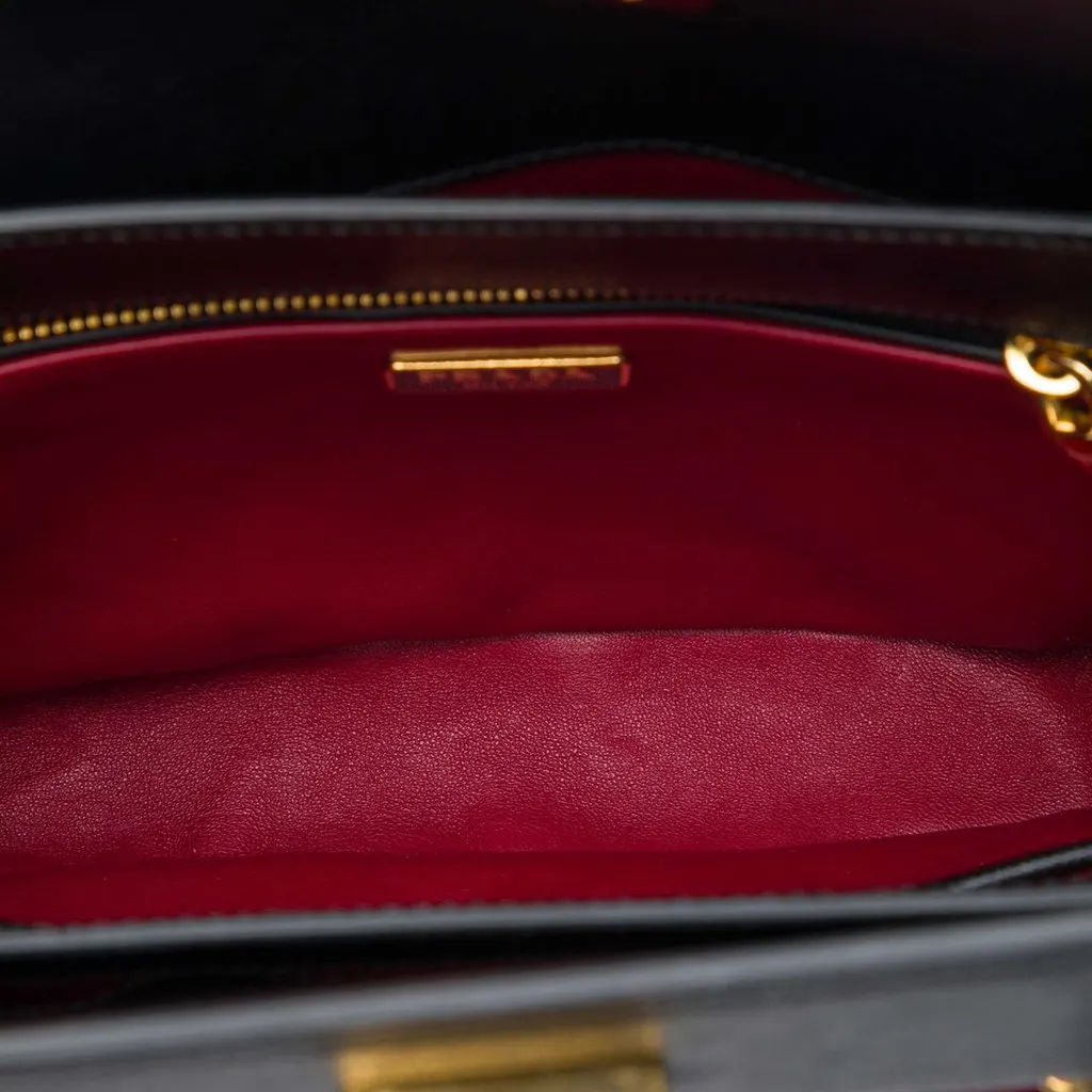Prada Bicolor Saffiano Double Turn Lock Top Handle Bag Black Leather Very good - Model View