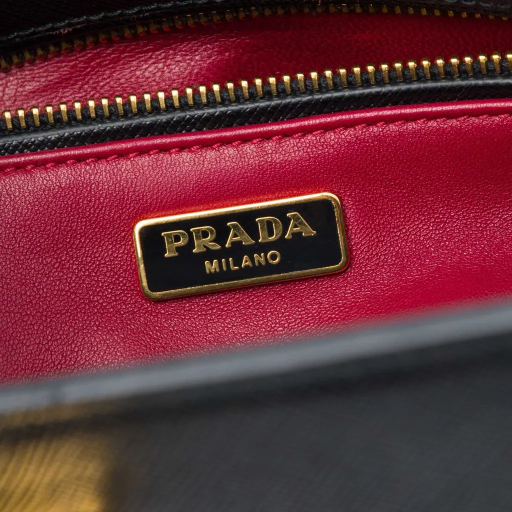 Prada Bicolor Saffiano Double Turn Lock Top Handle Bag Black Leather Very good - Box View